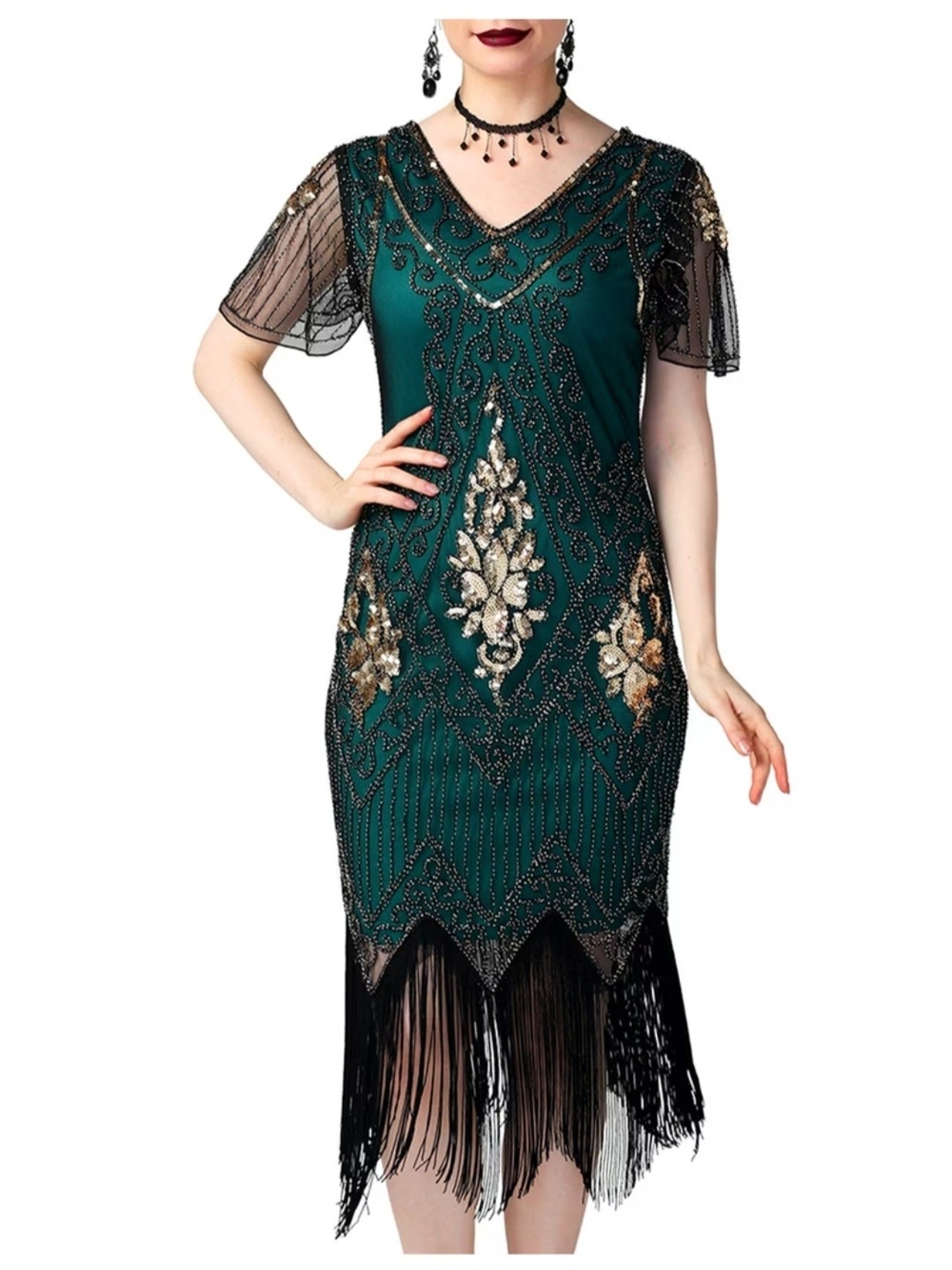 Jicagom Emerald Green Beaded Fringe V-Neck Dress. Costume Gatsby Size Xxl
